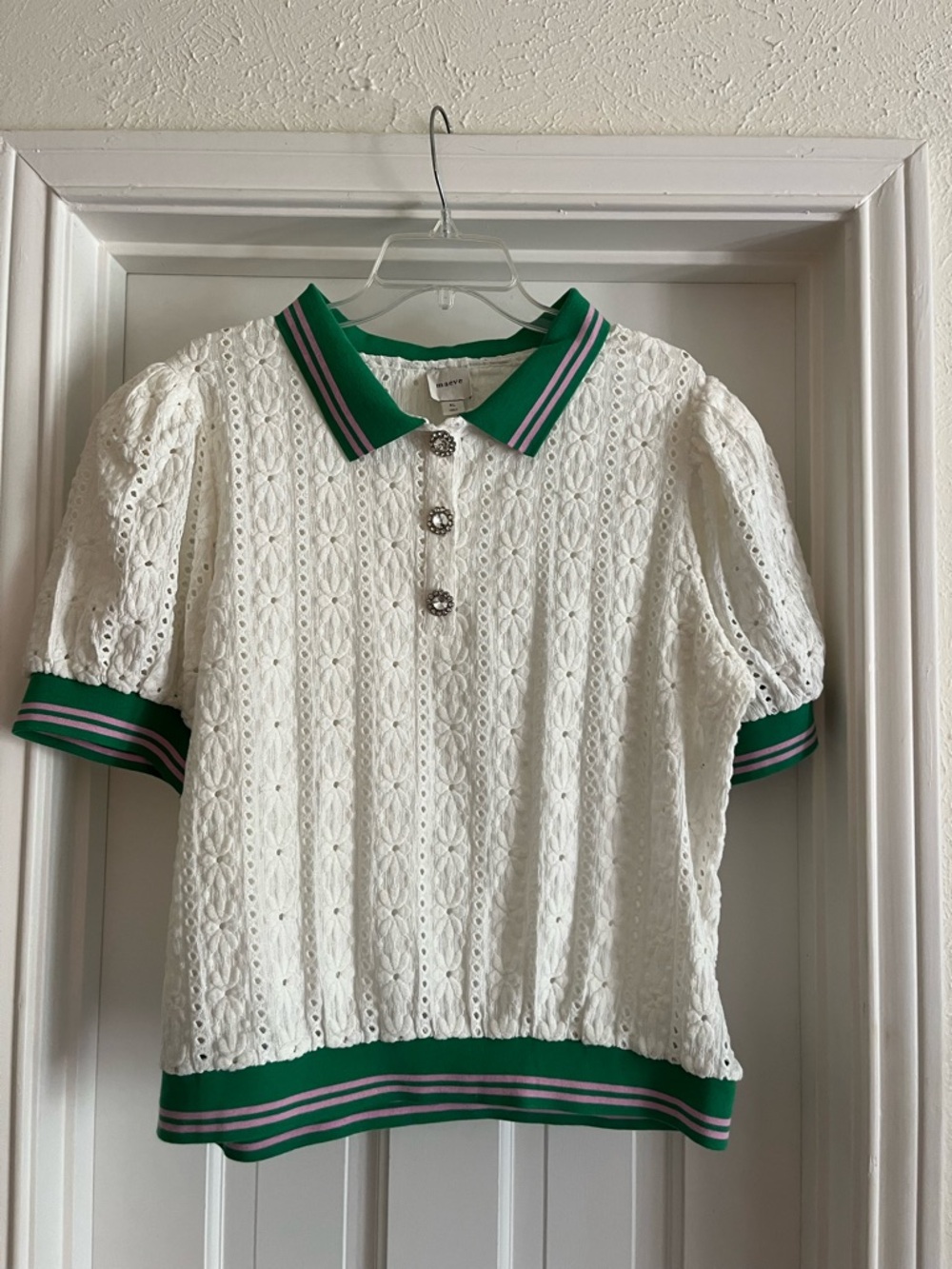 Anthropologie Maeve White Eyelet Polo Top with Green Trim - Picture 2 of 4